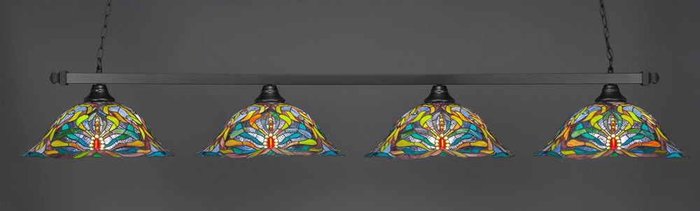 Square 4 Light Bar Shown In Matte Black Finish With 19" Kaleidoscope Tiffany Glass