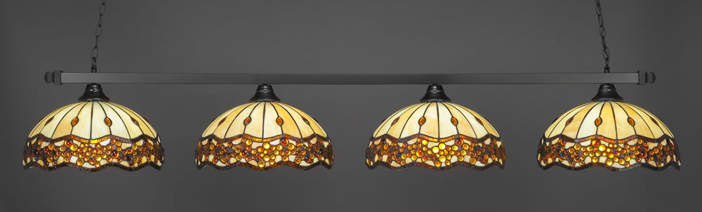 Square 4 Light Bar Shown In Matte Black Finish With 16" Roman Jewel Tiffany Glass