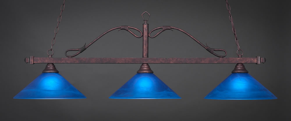 Scroll 3 Light Billiard Light Shown In Bronze Finish With 16" Blue Italian Glass