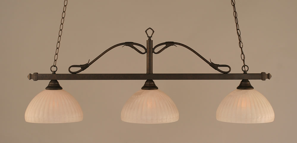 Scroll 3 Light Billiard Light Shown In Bronze Finish With 14" Rosetta Pumpkin Glass