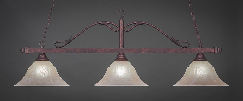 Scroll 3 Light Billiard Light Shown In Bronze Finish With 14" Amber Marble Glass