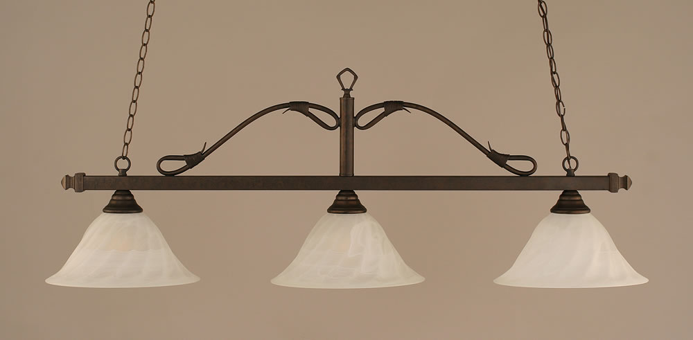 Scroll 3 Light Billiard Light Shown In Bronze Finish With 14" White Alabaster Swirl Glass