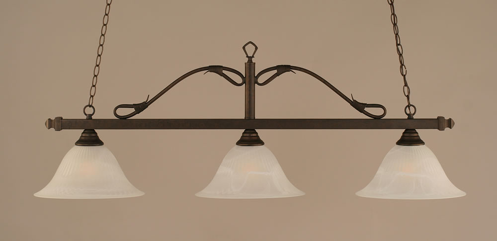Scroll 3 Light Billiard Light Shown In Bronze Finish With 14" White Alabaster Glass