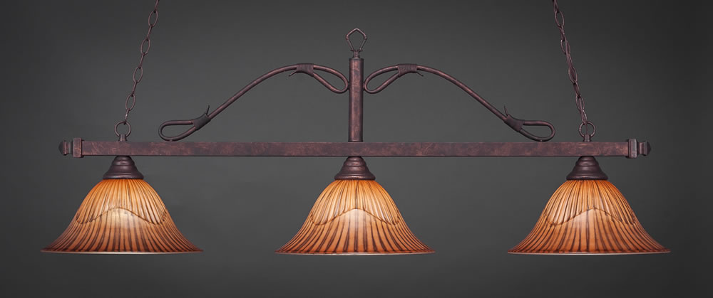 Scroll 3 Light Billiard Light Shown In Bronze Finish With 14" Tiger Glass