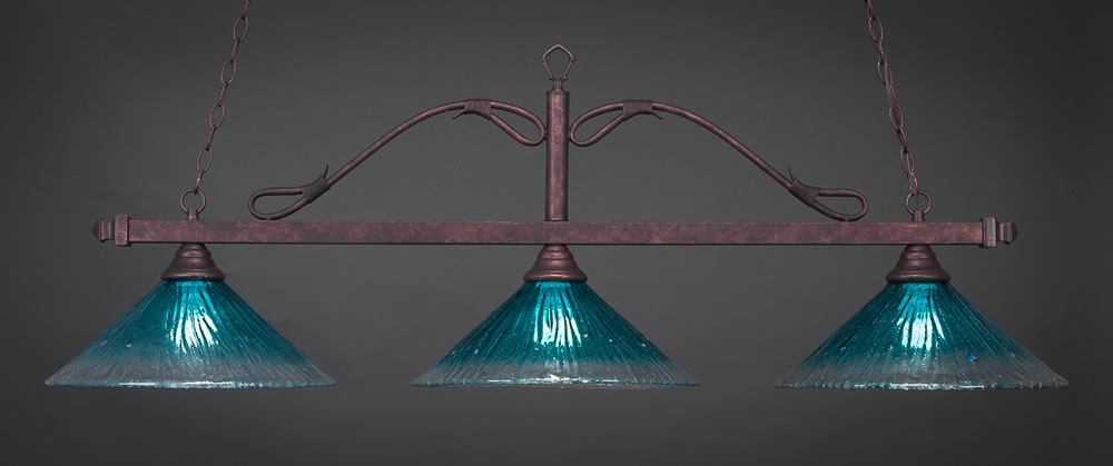 Scroll 3 Light Billiard Light Shown In Bronze Finish With 14" Rosetta Pumpkin Glass