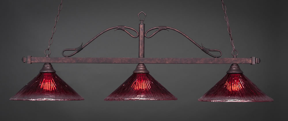Scroll 3 Light Billiard Light Shown In Bronze Finish With 14" Amber Marble Glass