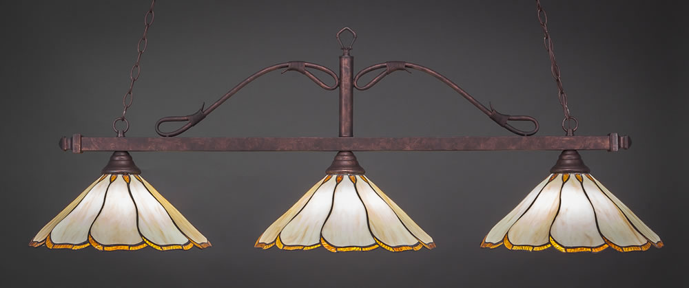 Scroll 3 Light Billiard Light Shown In Bronze Finish With 14" Tiger Glass