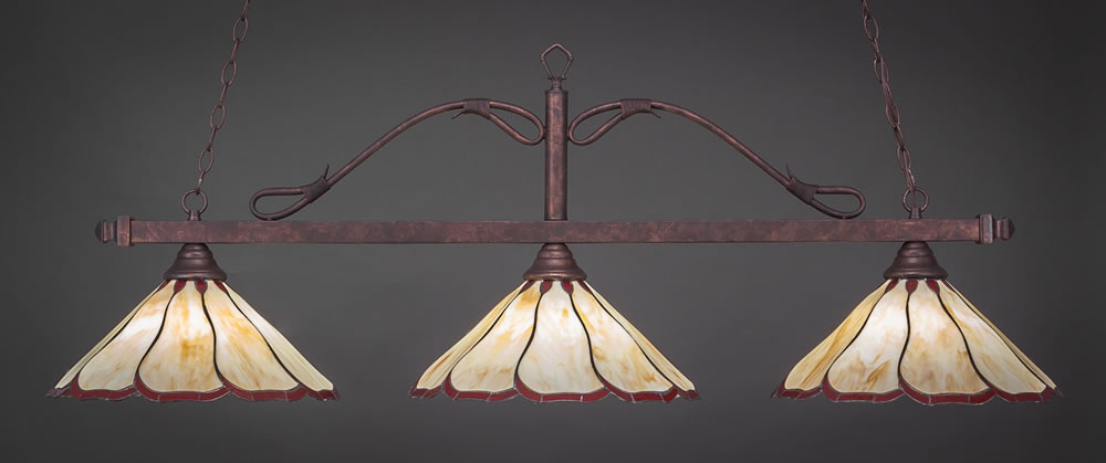 Scroll 3 Light Billiard Light Shown In Bronze Finish With 16" Tiger Glass