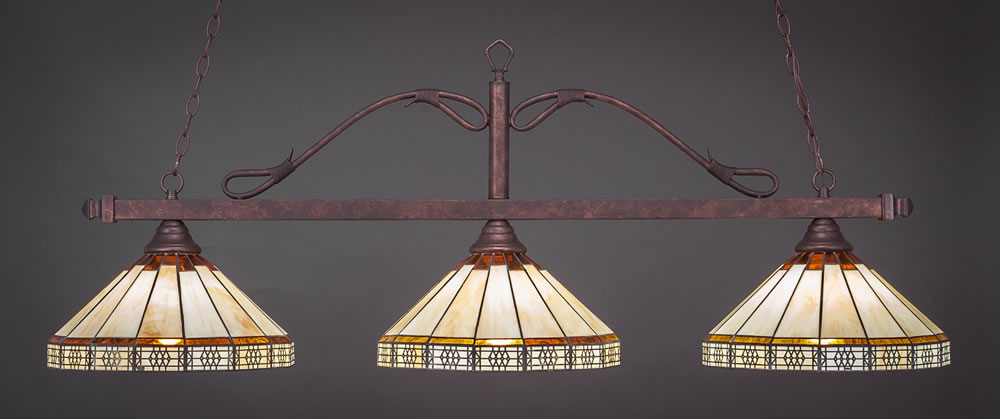 Scroll 3 Light Billiard Light Shown In Dark Granite Finish With 14" French Amber Marble Glass