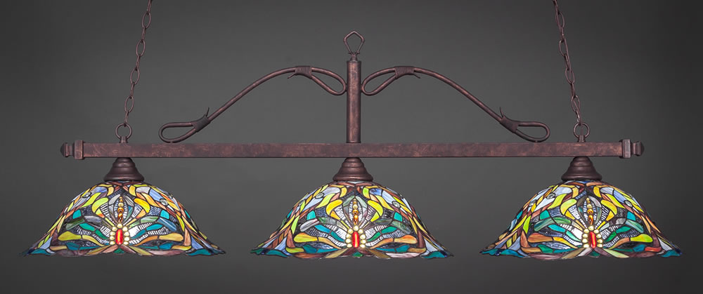 Scroll 3 Light Billiard Light Shown In Dark Granite Finish With 16" Frosted Turtle Glass