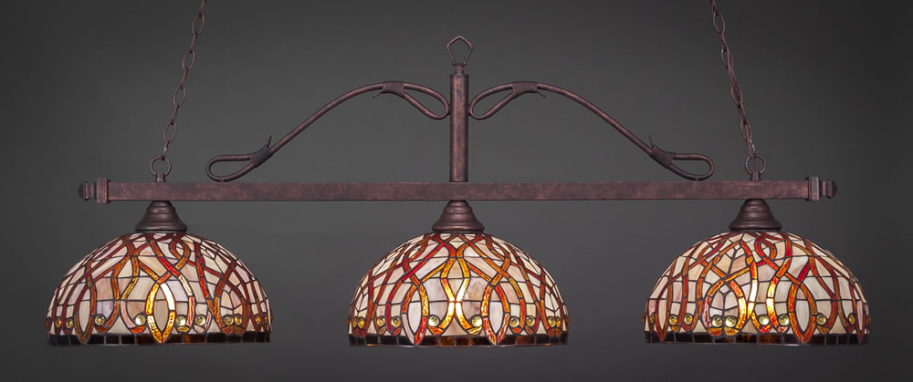 Scroll 3 Light Billiard Light Shown In Dark Granite Finish With 14" White Alabaster Swirl Glass