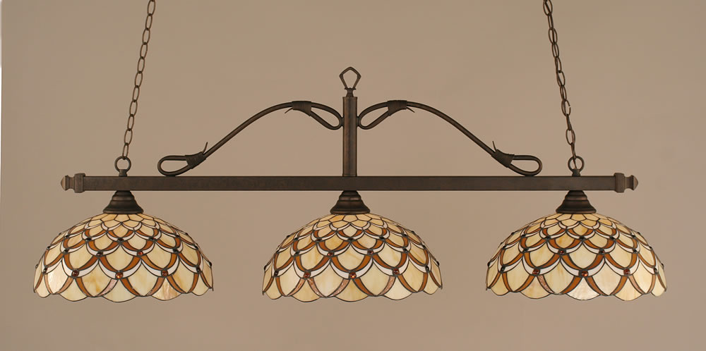 Scroll 3 Light Billiard Light Shown In Dark Granite Finish With 14" White Alabaster Glass