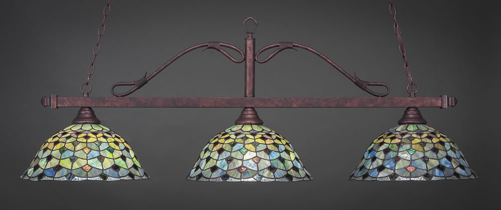 Scroll 3 Light Bar Shown In Bronze Finish With 16"Crescent Tiffany Glass