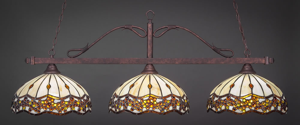 Scroll 3 Light Billiard Light Shown In Dark Granite Finish With 16" Tiger Glass