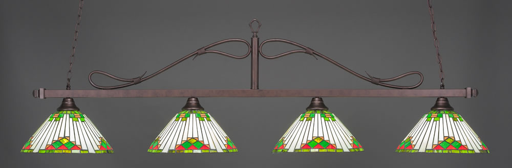 Scroll 4 Light Bar Shown In Bronze Finish With 15" Green Sunray Tiffany Glass