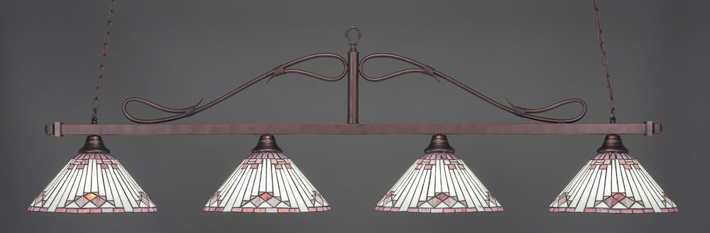 Scroll 4 Light Bar Shown In Bronze Finish With 15" Purple Sunray Tiffany Glass