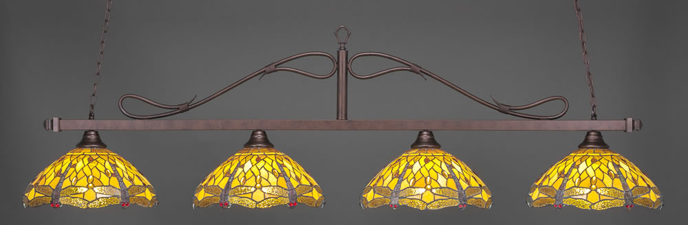 Scroll 4 Light Bar Shown In Bronze Finish With 16" Amber Dragonfly Tiffany Glass