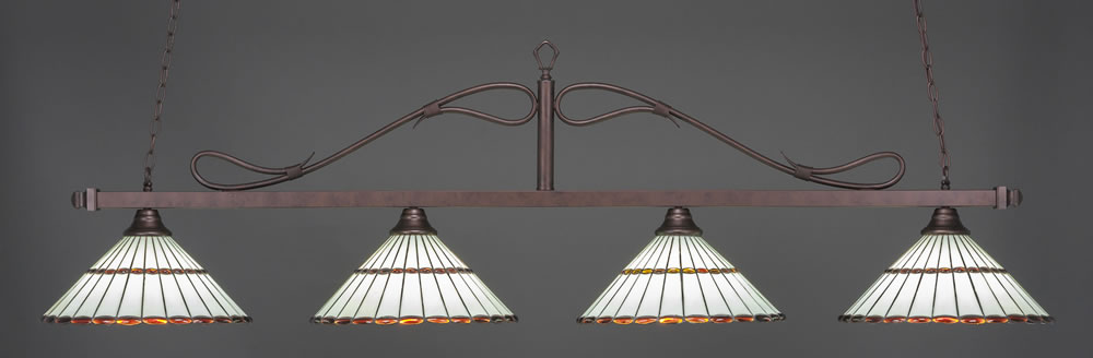Scroll 4 Light Billiard Light Shown In Bronze Finish With 15.5" Honey Glass & Amber Brown Jewels Tiffany Glass