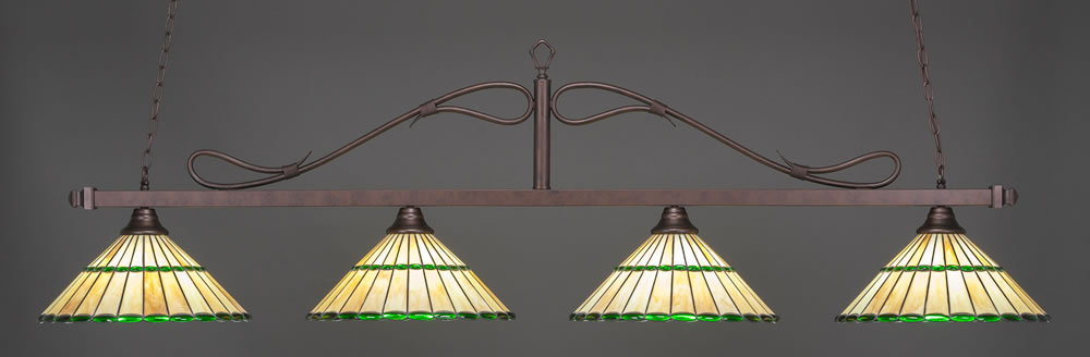 Scroll 4 Light Billiard Light Shown In Bronze Finish With 15.5" Honey Glass & Green Jewels Tiffany Glass