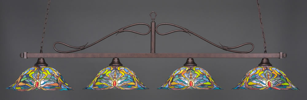 Scroll 4 Light Billiard Light Shown In Bronze Finish With 19" Kaleidoscope Tiffany Glass