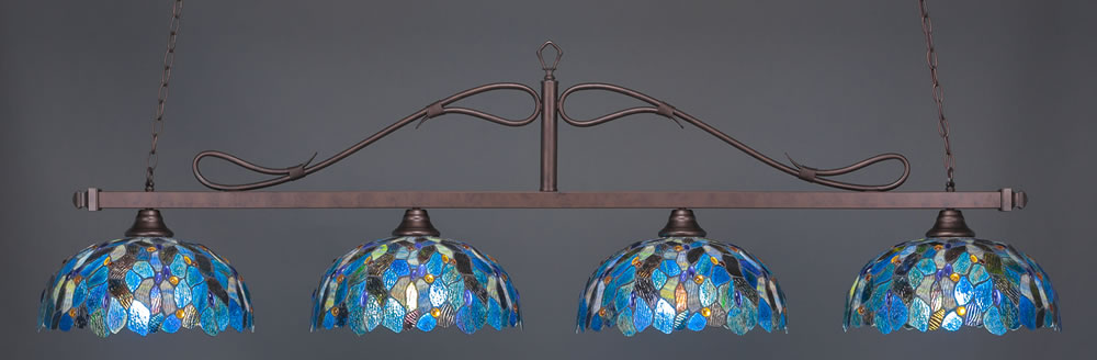Scroll 4 Light Bar Shown In Bronze Finish With 16" Blue Mosaic Tiffany Glass