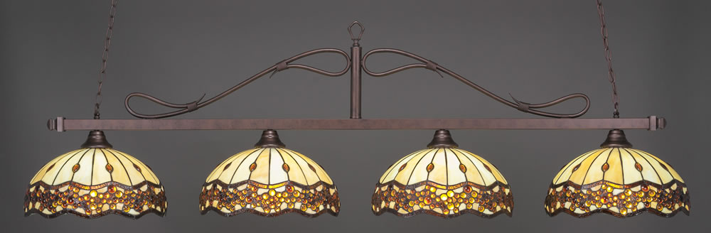 Scroll 4 Light Billiard Light Shown In Bronze Finish With 16" Roman Jewel Tiffany Glass