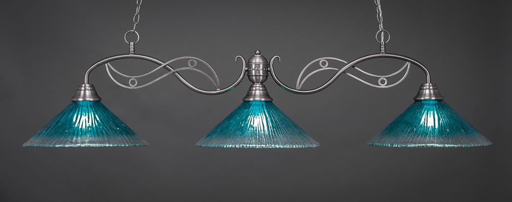 Jazz 3 Light Billiard Light Shown In Brushed Nickel Finish With 16" Teal Crystal Glass