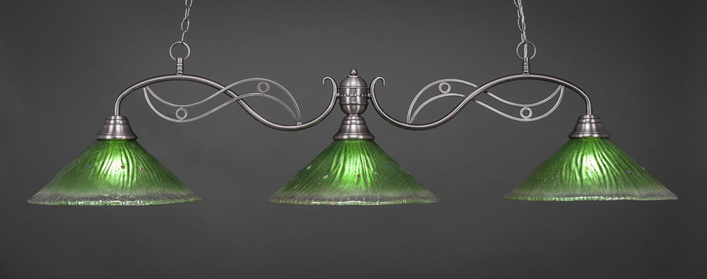 Jazz 3 Light Billiard Light Shown In Brushed Nickel Finish With 16" Kiwi Green Crystal Glass