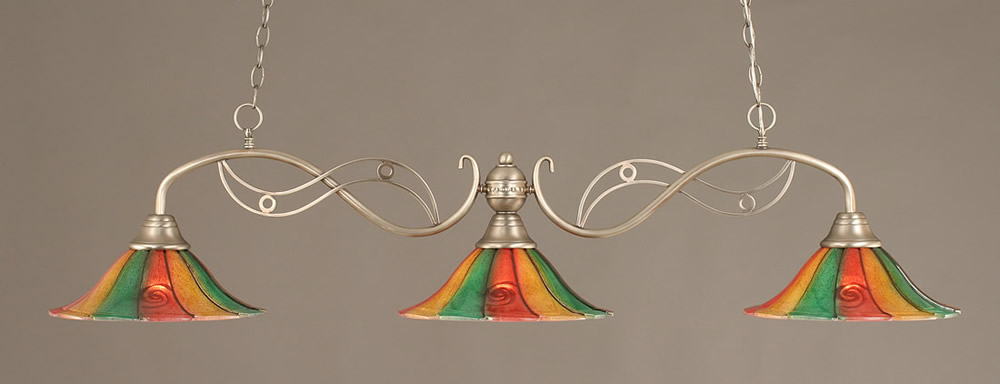 Jazz 3 Light Billiard Light Shown In Brushed Nickel Finish With 14" Mardi Gras Glass