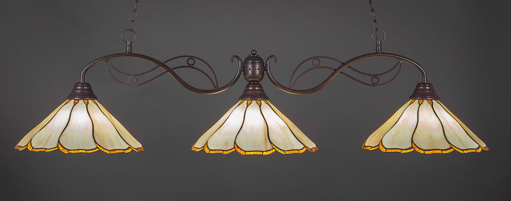 Jazz 3 Light Billiard Light Shown In Bronze Finish With 16" Honey & Brown Flair Tiffany Glass