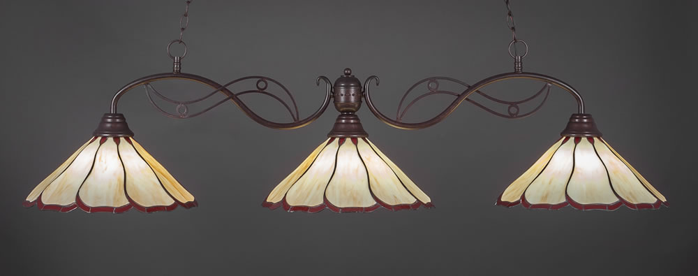 Jazz 3 Light Bar Shown In Bronze Finish With 16" Honey & Burgundy Flair Tiffany Glass