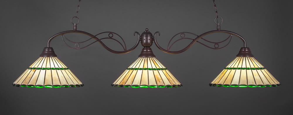 Jazz 3 Light Billiard Light Shown In Bronze Finish With 15.5" Honey Glass And Green Jewels Tiffany Glass