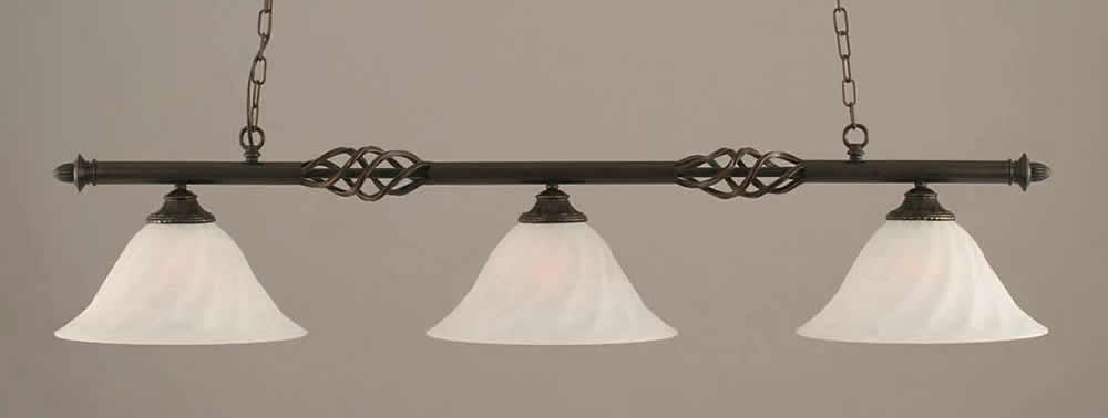 Eleganté 3 Light Billiard Light Shown In Dark Granite Finish With 14" White Alabaster Swirl Glass