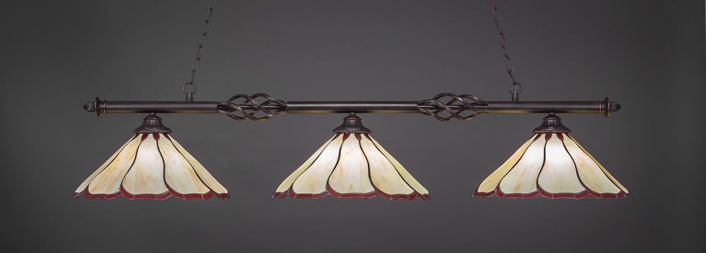 Eleganté 3 Light Billiard Light Shown In Dark Granite Finish With 16" Honey And Burgundy Flair Tiffany Glass