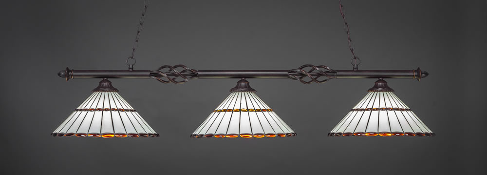 Eleganté 3 Light Billiard Light Shown In Dark Granite Finish With 15.5" Honey Glass & Amber Brown Jewels Tiffany Glass