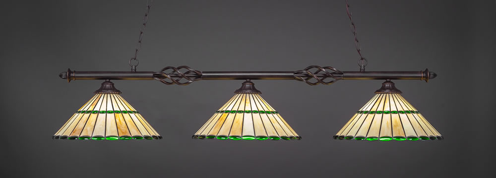 Eleganté 3 Light Billiard Light Shown In Dark Granite Finish With 15.5" Honey Glass & Green Jewels Tiffany Glass