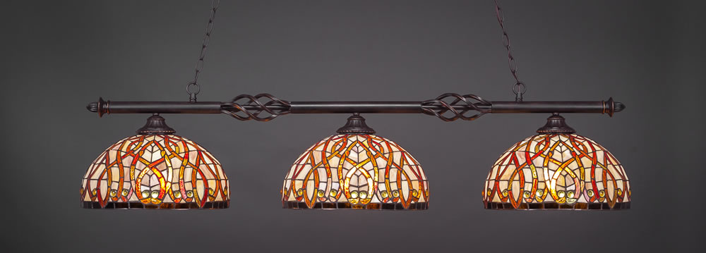 Eleganté 3 Light Billiard Light Shown In Dark Granite Finish With 15" Persian Nites Tiffany Glass
