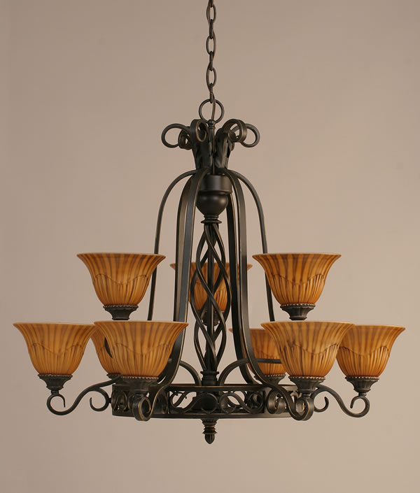 Eleganté 9 Light Chandelier Shown In Dark Granite Finish With 7" Tiger Glass