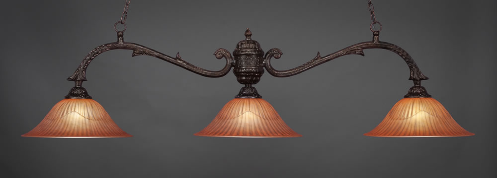 Octopus 3 Light Billiard Light Shown In Bronze Finish With 16" Tiger Glass
