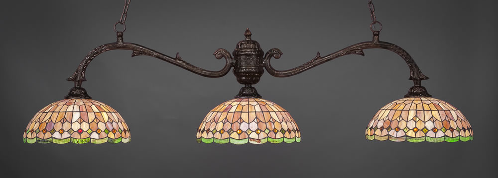 Octopus 3 Light Billiard Light Shown In Bronze Finish With 15" Rosetta Tiffany Glass