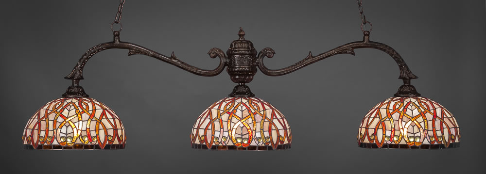 Octopus 3 Light Billiard Light Shown In Bronze Finish With 15" Persian Nites Tiffany Glass