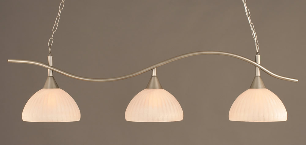 Swoop 3 Light Billiard Light Shown In Brushed Nickel Finish With 14" Rosetta Pumpkin Glass