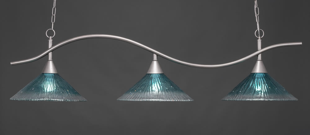 Swoop 3 Light Billiard Light Shown In Brushed Nickel Finish With 16" Teal Crystal Glass