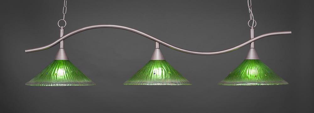 Swoop 3 Light Billiard Light Shown In Brushed Nickel Finish With 16" Kiwi Green Crystal Glass
