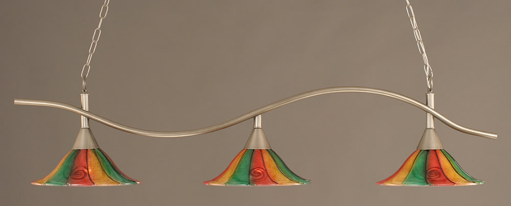 Swoop 3 Light Billiard Light Shown In Brushed Nickel Finish With 14" Mardi Gras Glass