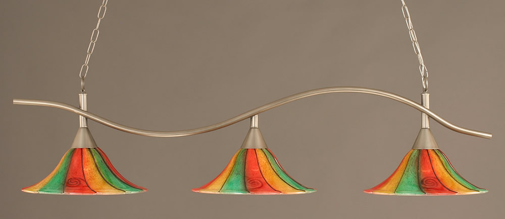 Swoop 3 Light Billiard Light Shown In Brushed Nickel Finish With 16" Mardi Gras Glass