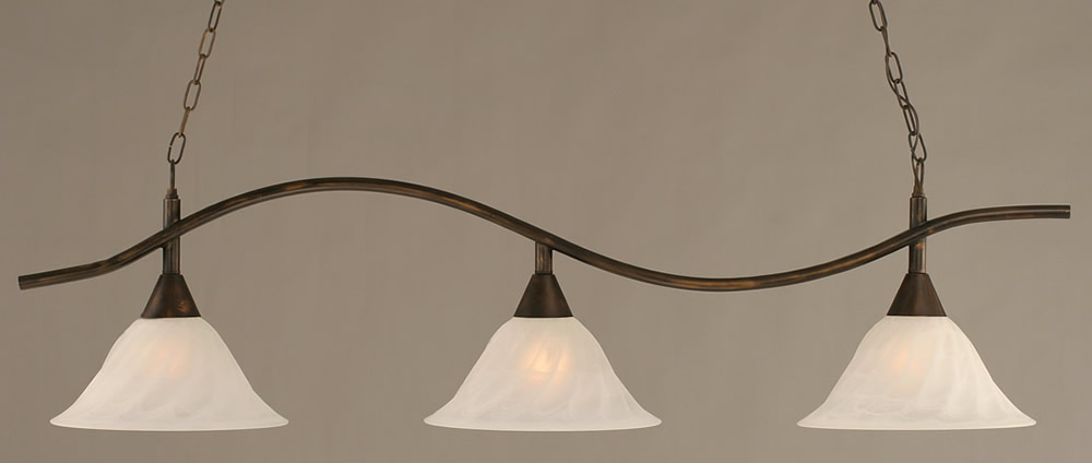 Swoop 3 Light Billiard Light Shown In Bronze Finish With 14" White Alabaster Swirl Glass