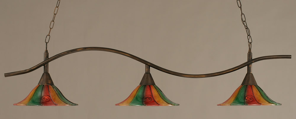 Swoop 3 Light Billiard Light Shown In Bronze Finish With 14" Mardi Gras Glass