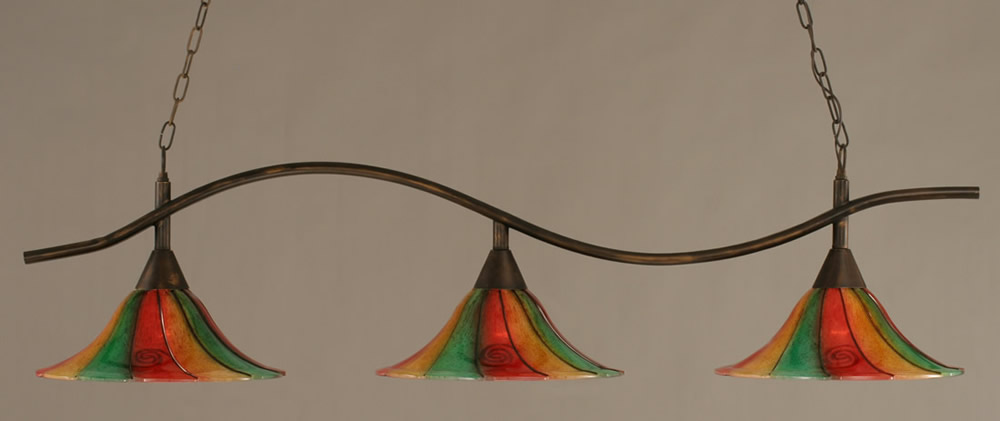 Swoop 3 Light Billiard Light Shown In Bronze Finish With 16" Mardi Gras Glass