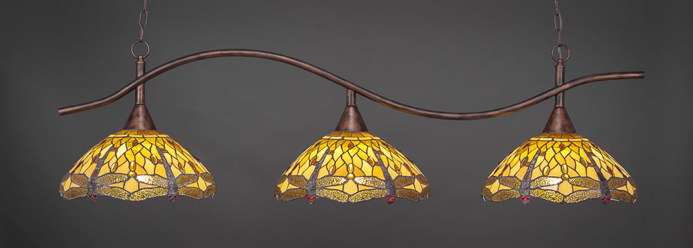 Bronze Finish 3 LIGHT BAR WITH 16" AMBER DRAGONFLY TIFFANY Glass